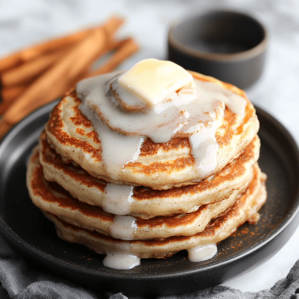 Fluffy Cinnamon Roll Pancakes with Cream Cheese