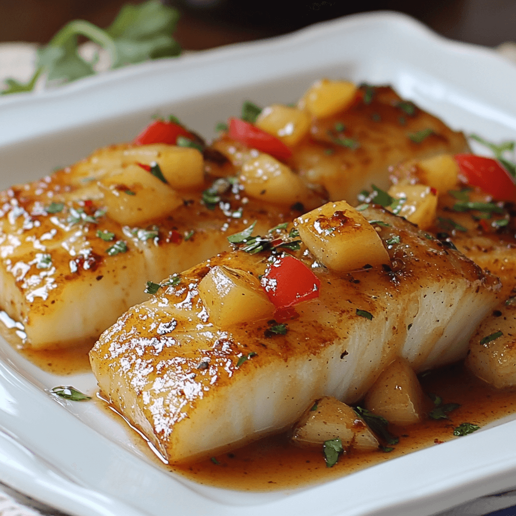 Caramelized Cod with Pineapple and Bell Peppers