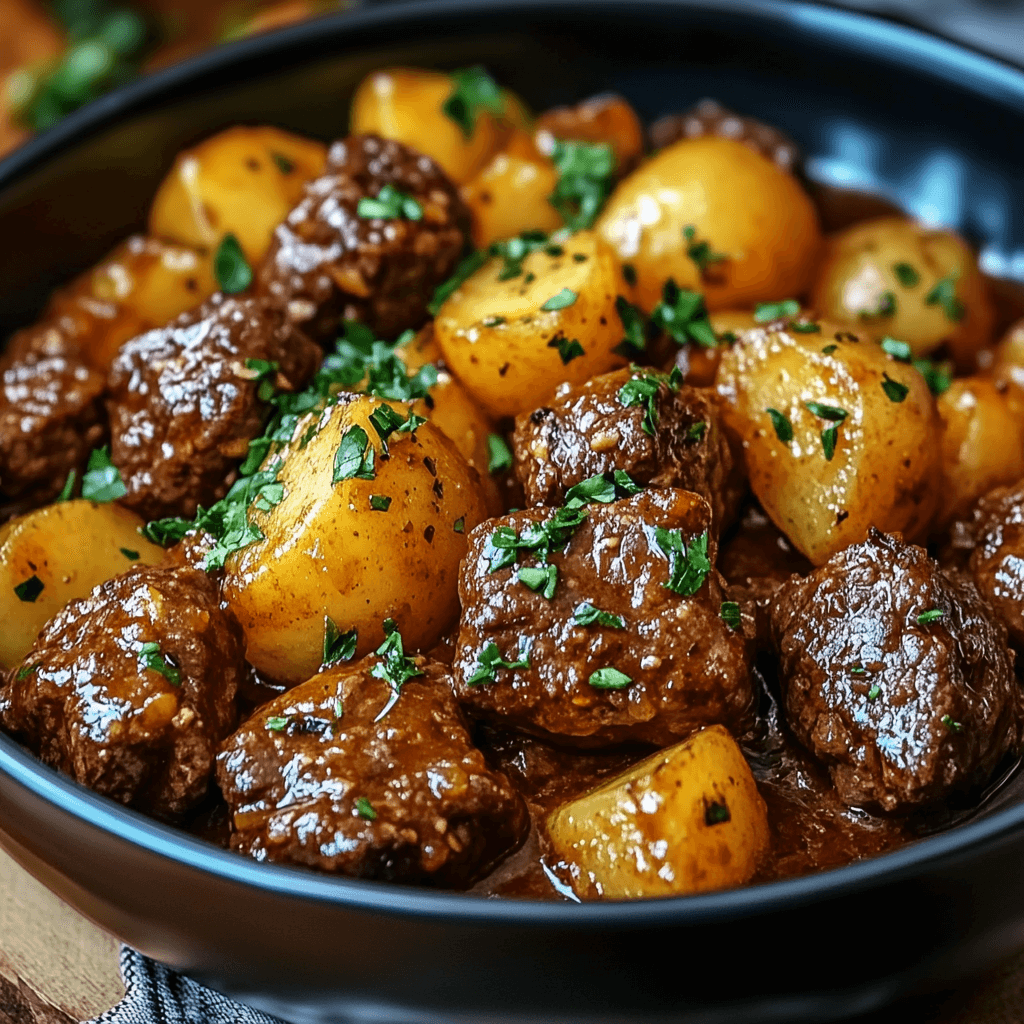 Slow Cooker Garlic Butter Beef Bites & Potatoes