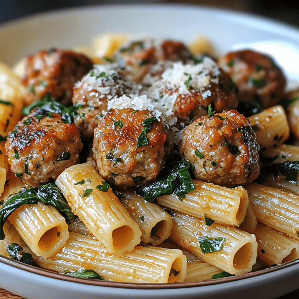 These Turkey & Ricotta Meatballs with Garlic Spinach Rigatoni