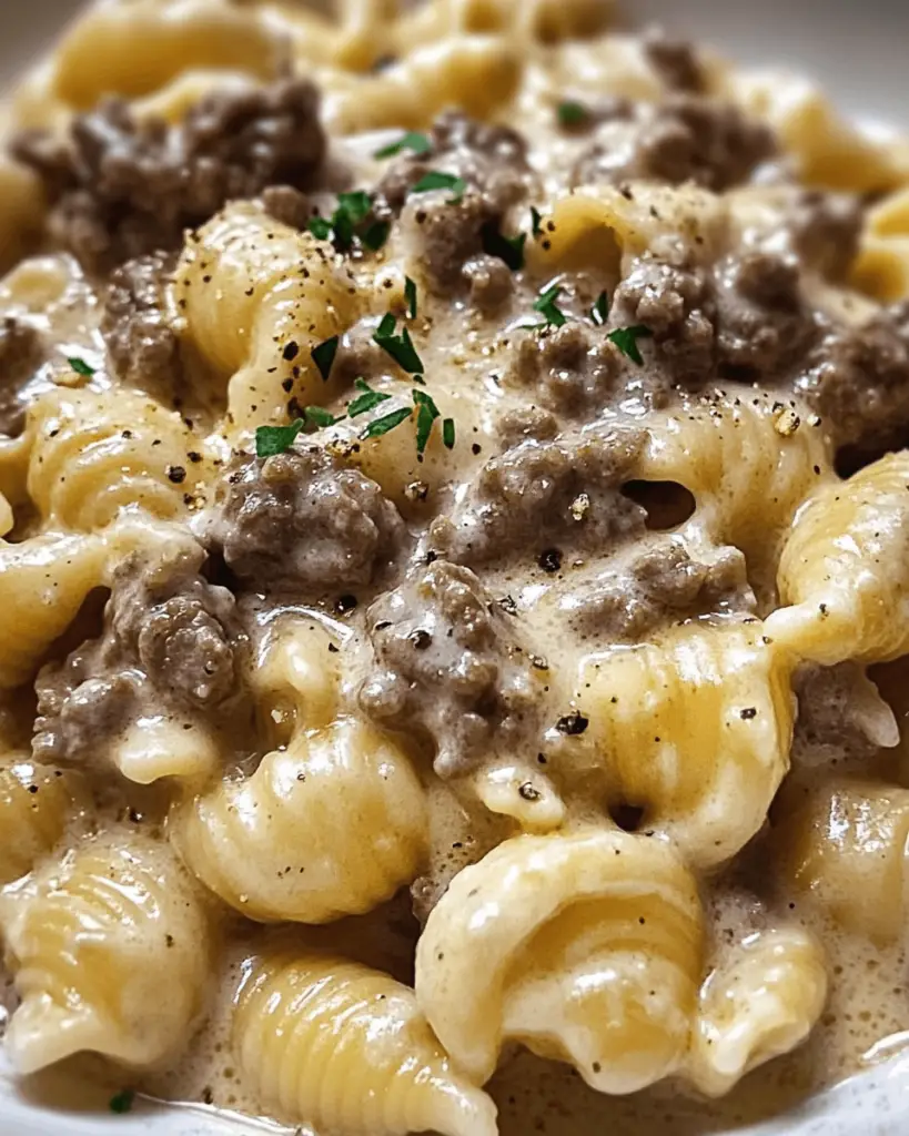 Creamy Beef and Shells in Garlic Parmesan Sauce