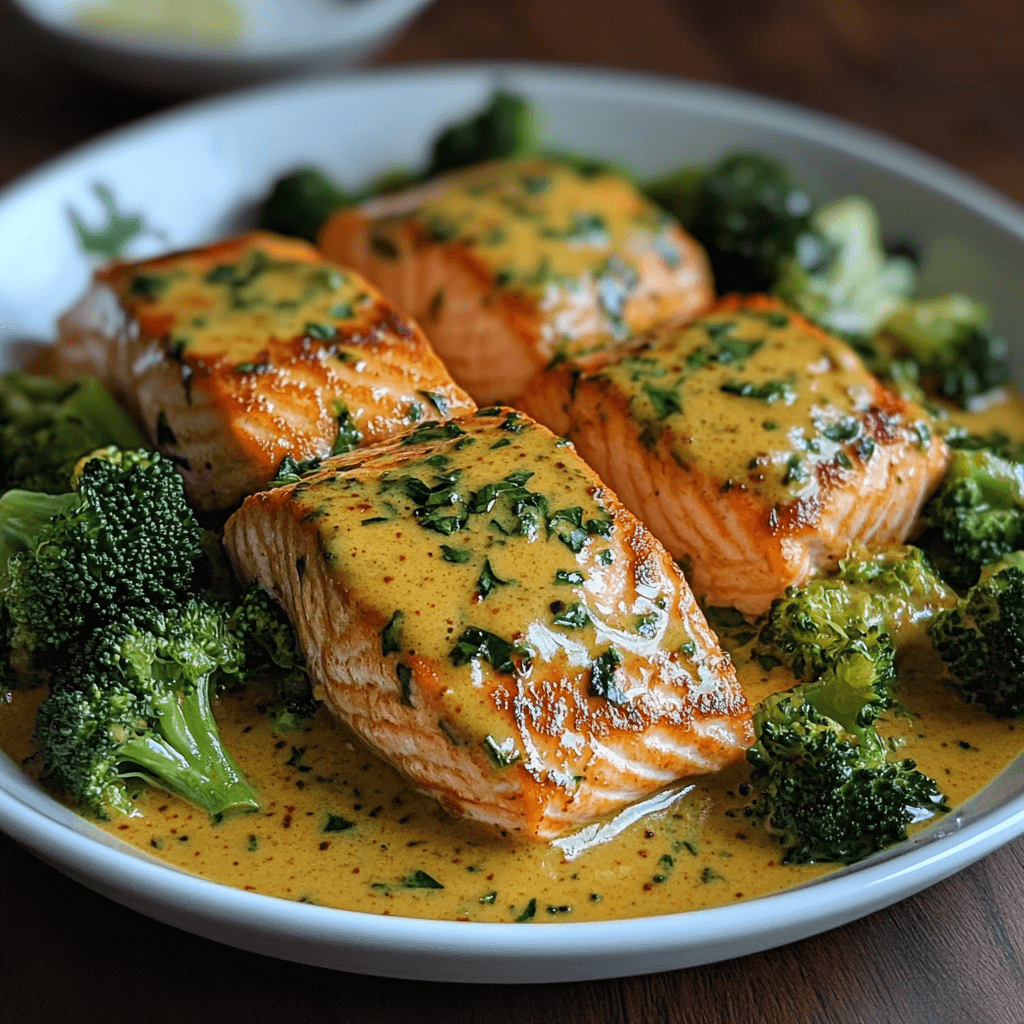 Creamy Coconut Curry Salmon with Tender Broccoli