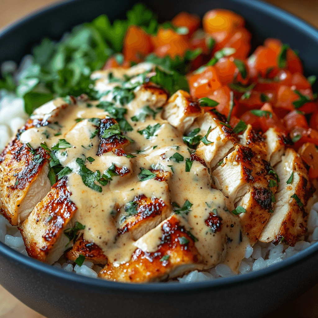 Flavorful Chicken & Rice Bowls with Creamy Garlic Sauce 