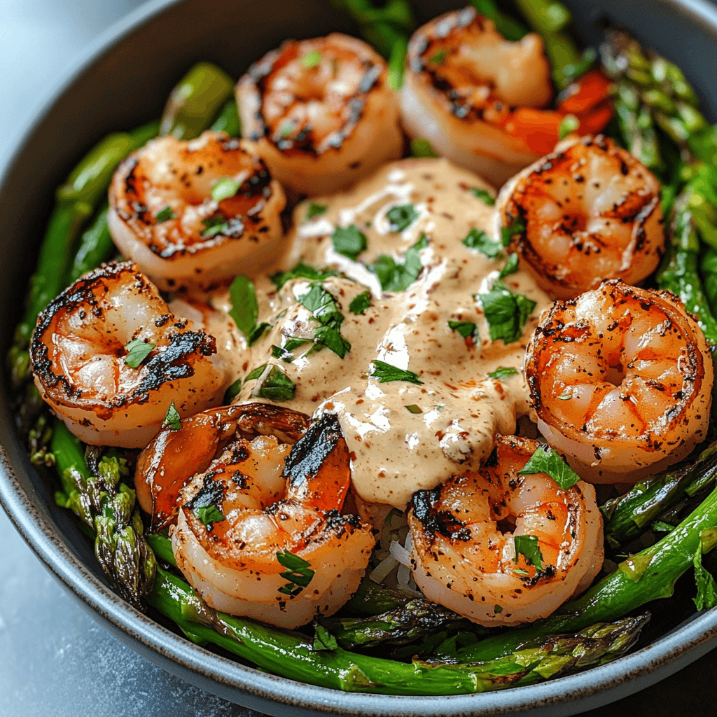 Grilled Shrimp Bowl with Asparagus & Creamy Garlic Sauce