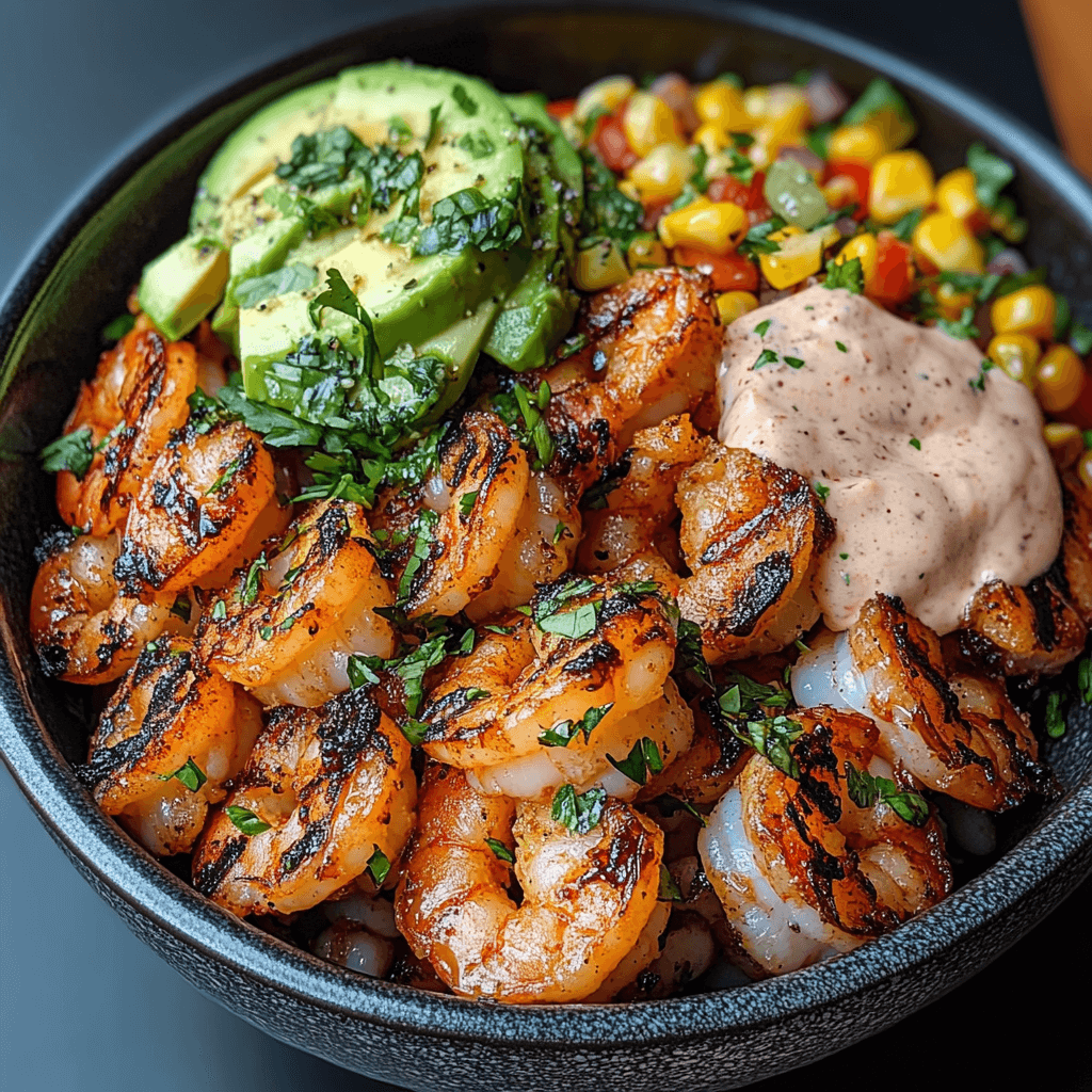 Grilled Shrimp Bowl with Avocado, Corn Salsa & Creamy Garlic Sauce