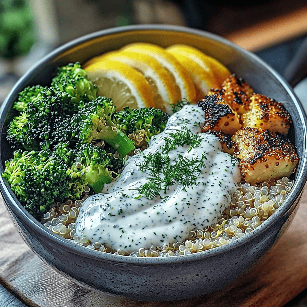Healthy Lemon Herb Quinoa & Broccoli Bowl with Yogurt Dill Sauce