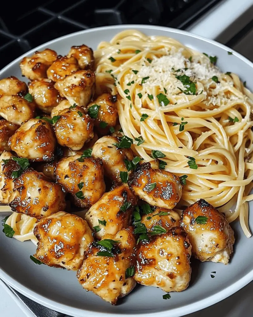 Lemon Garlic Butter Chicken Bites with Savory Parmesan Linguine