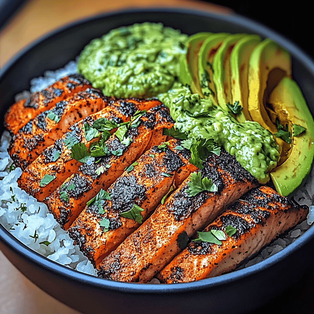 Spicy Blackened Salmon Bowl with Avocado Cilantro Sauce