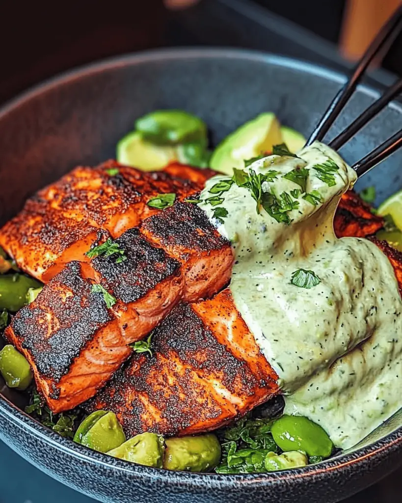 Spicy Blackened Salmon Bowl with Avocado Cilantro Sauce Delight