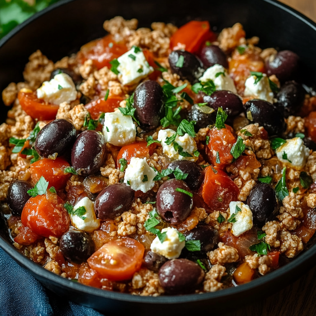 Mediterranean Keto Ground Chicken Skillet with Olives and Feta