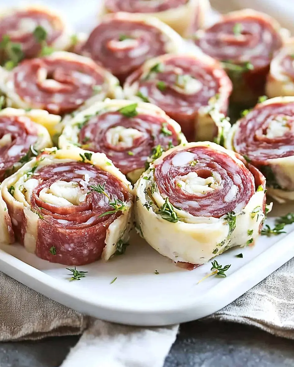Salami Pinwheels – Easy 3 Ingredient Salami Roll Up Appetizers First Image First Image