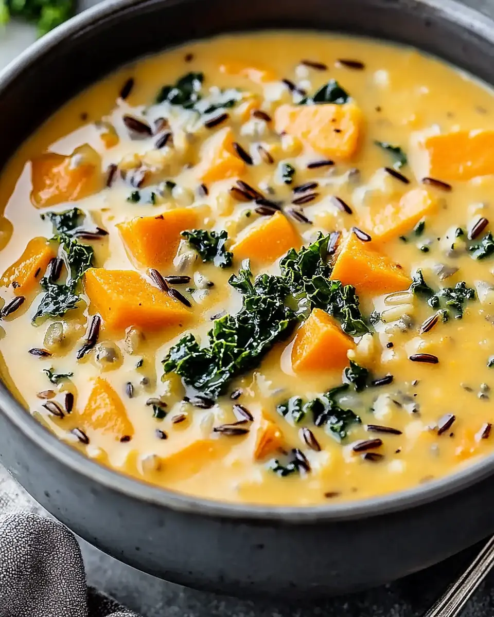 Creamy Sweet Potato, Kale and Wild Rice Soup First Image First Image