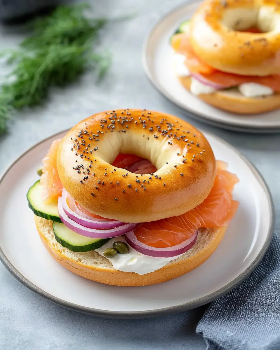 Classic Salmon Bagel Sandwich with Cream Cheese and Capers First Image First Image