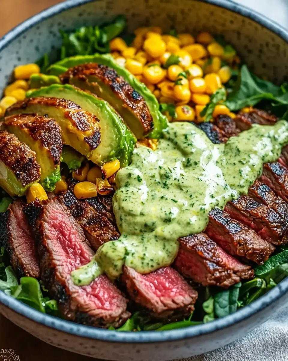 Steak Avocado Roasted Corn Bowl with Cilantro Cream Sauce First Image First Image